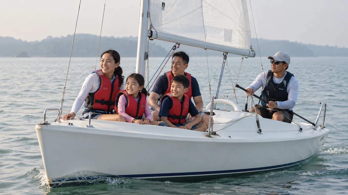 Families in life jackets out on a small keelboat with an instructor at the helm