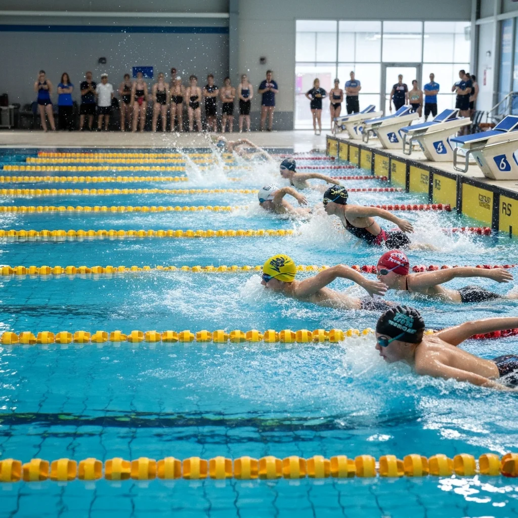 Young competitive swimmers racing in indoor pool