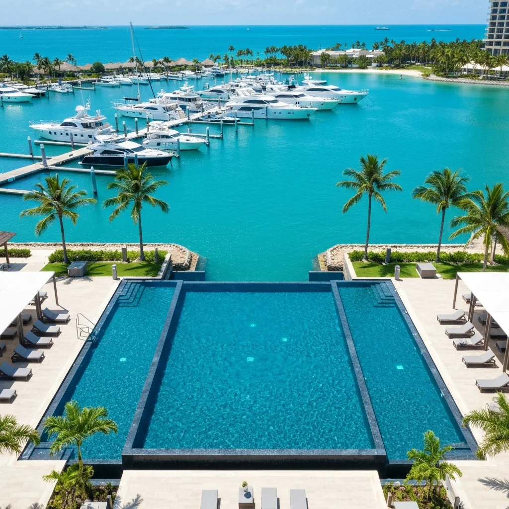 Luxury infinity pool overlooking tropical marina with yachts