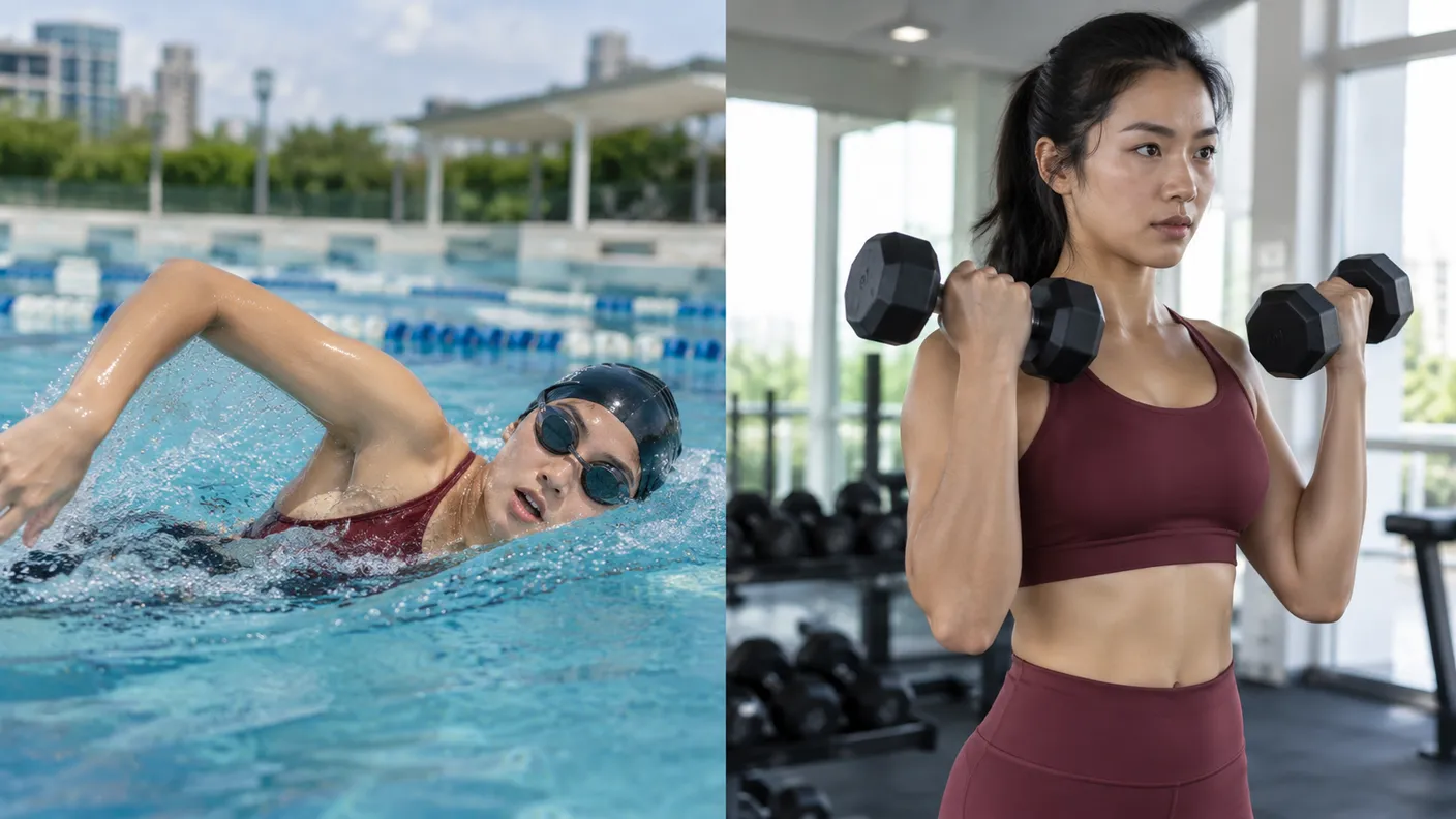 Split view comparing swimming in a pool lane with gym weight training